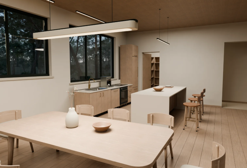 Interieurreferentie met een lichte keuken en hangarmaturen