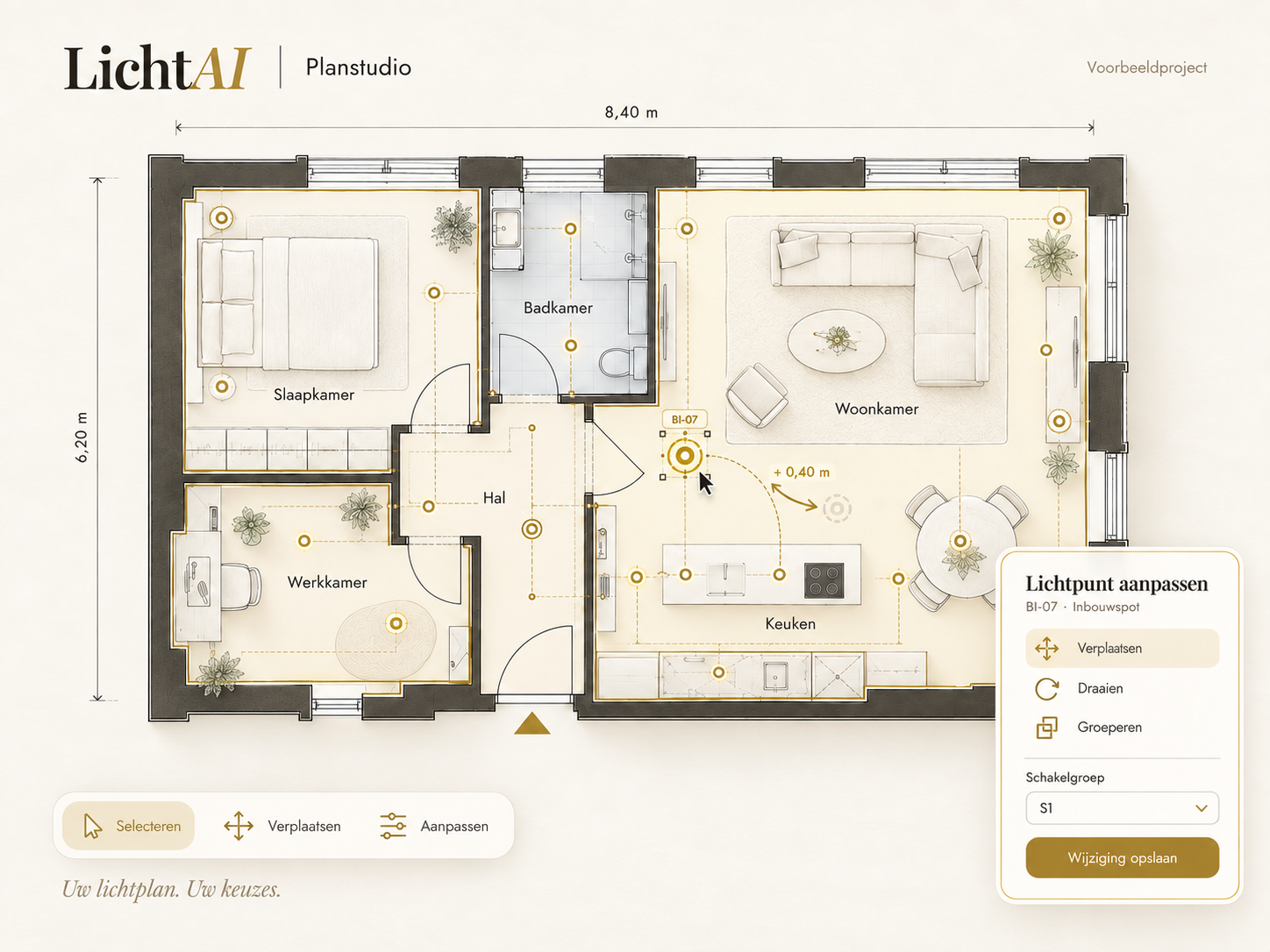 Impressie van lichtpunten aanpassen in Planstudio