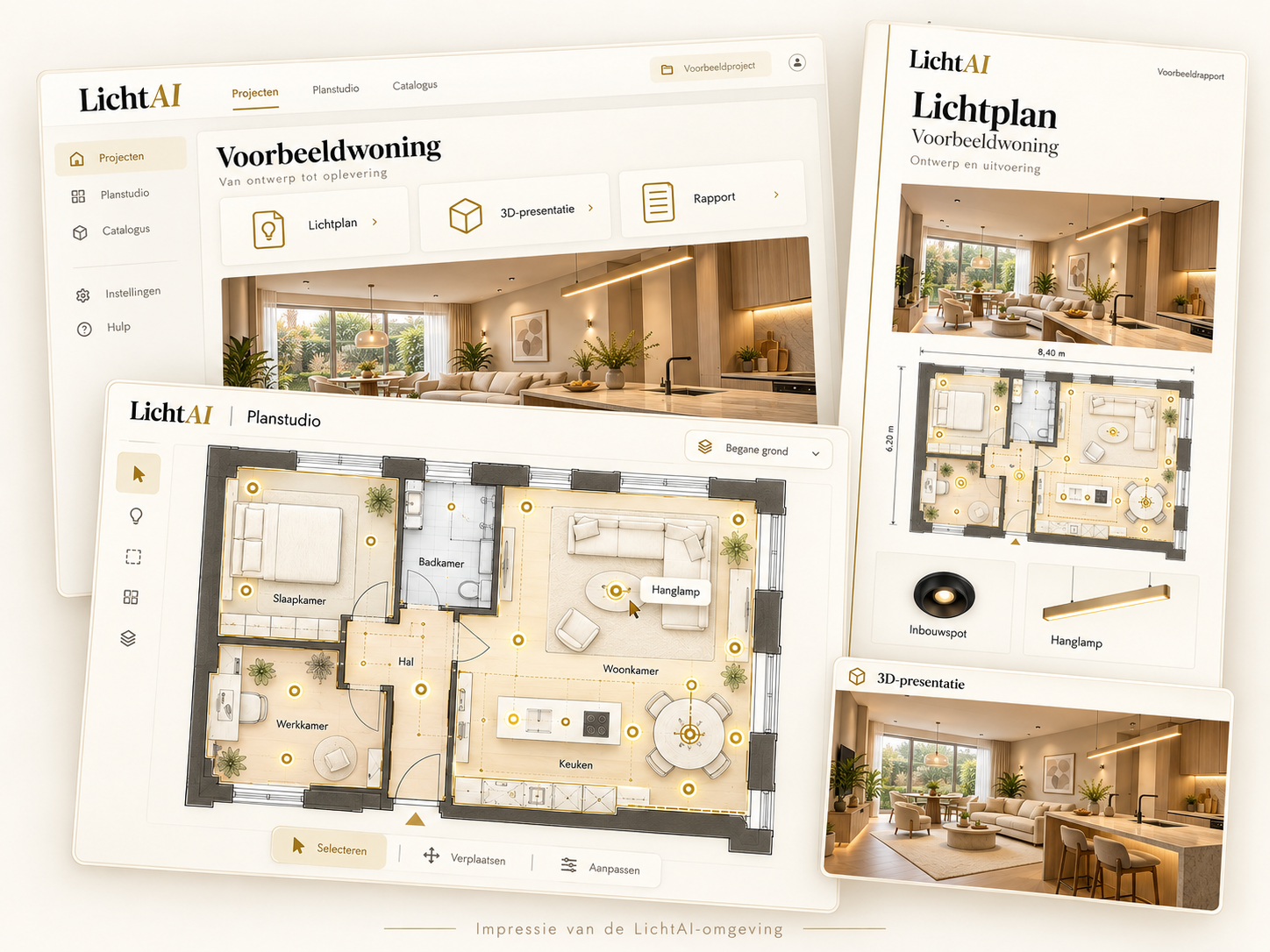 Impressie van de LichtAI-omgeving met dashboard, Planstudio, rapport en 3D