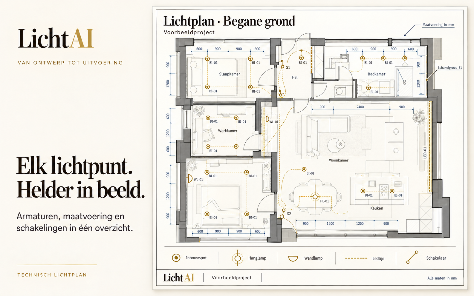 Voorbeeldvisual van een technisch LichtAI-lichtplan